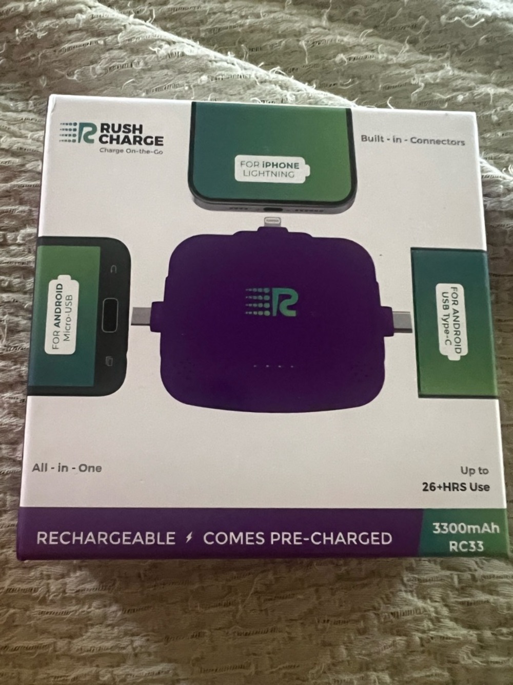 RUSH CHARGE Portable 3300mAh Charger in Purple